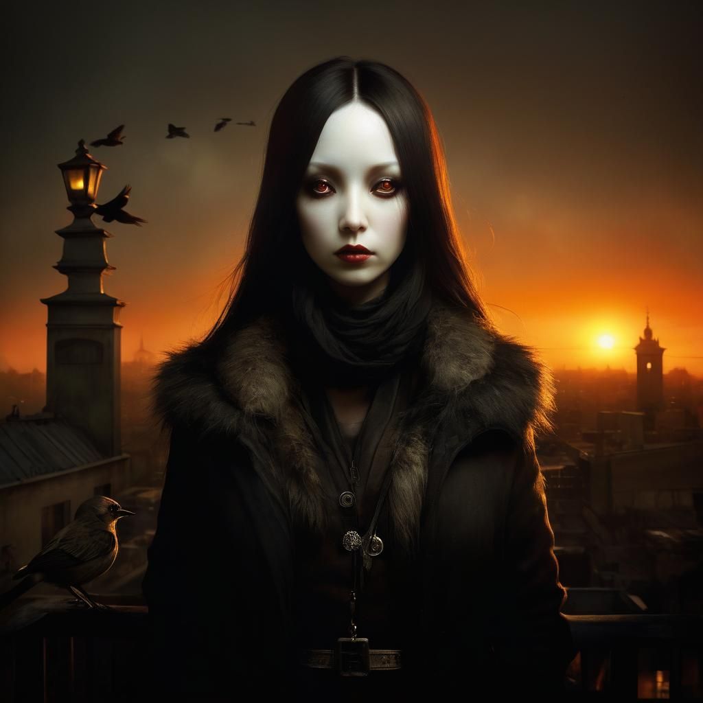 Creepy Taxidermist on Rooftop Illustration at Sunset