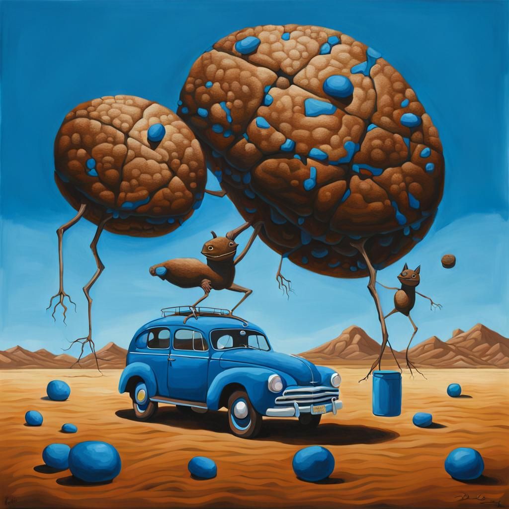 Surreal Painting with Bizarre Elements in Blue and Brown