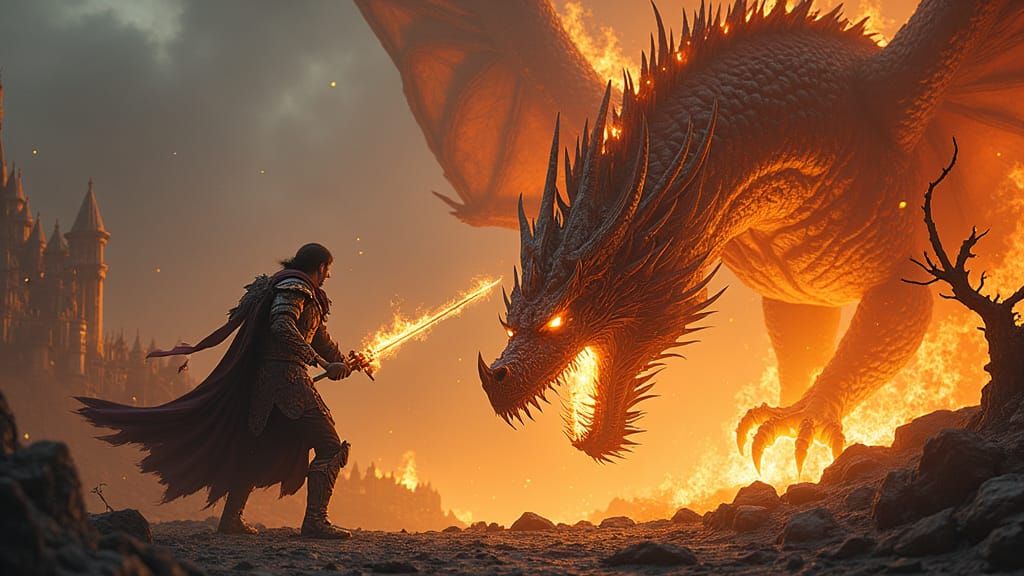 Warrior Battles Fire Dragon in Gothic Landscape