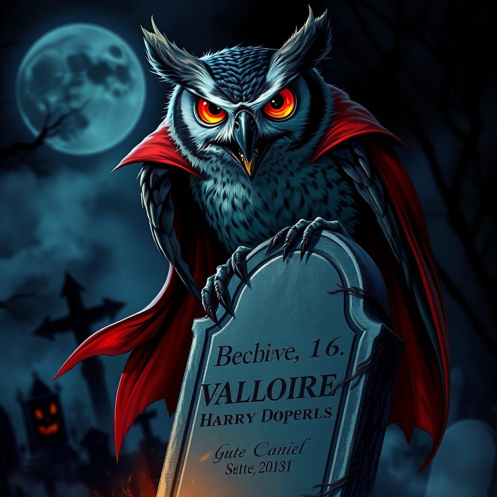 Vampire Owl on Gravestone in Red Cape