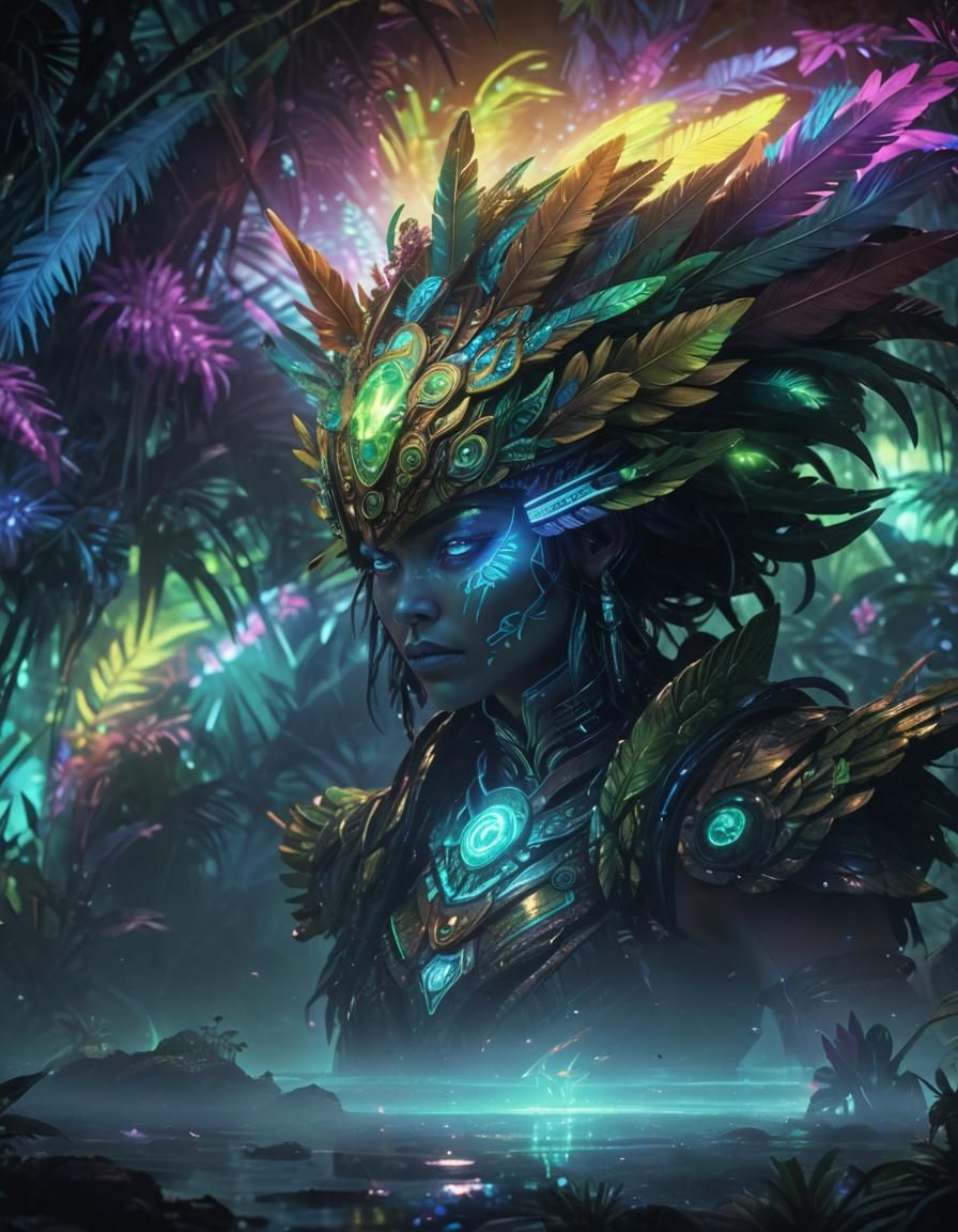 Aztec Warrior Woman in Neon Alien Jungle