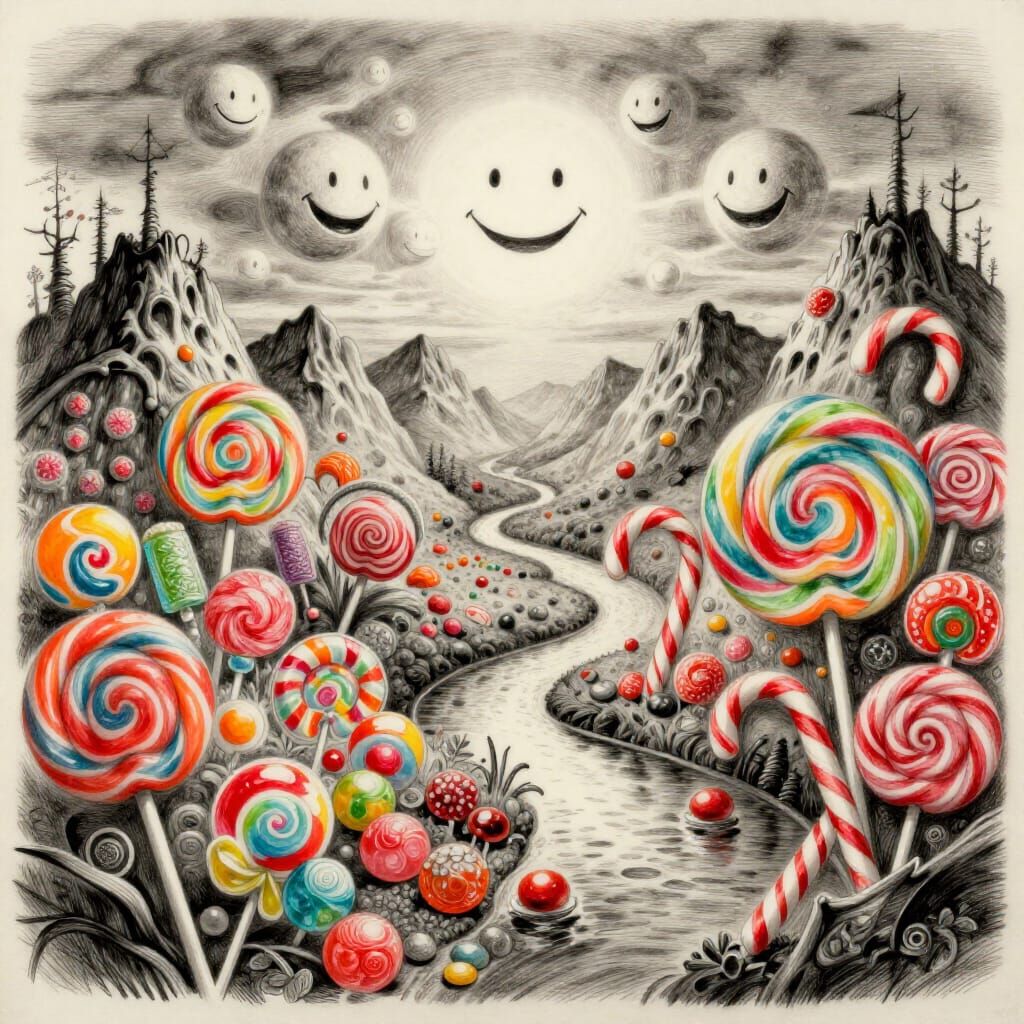 Fantastical Candy Landscape: Charcoal Drawing with Floating ...