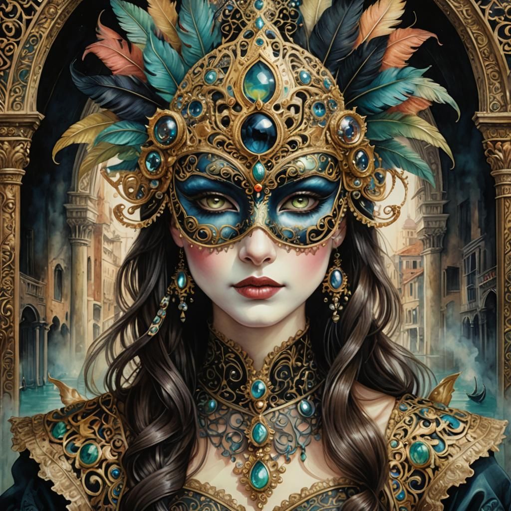 Venetian Masquerade Queen Watercolor Illustration