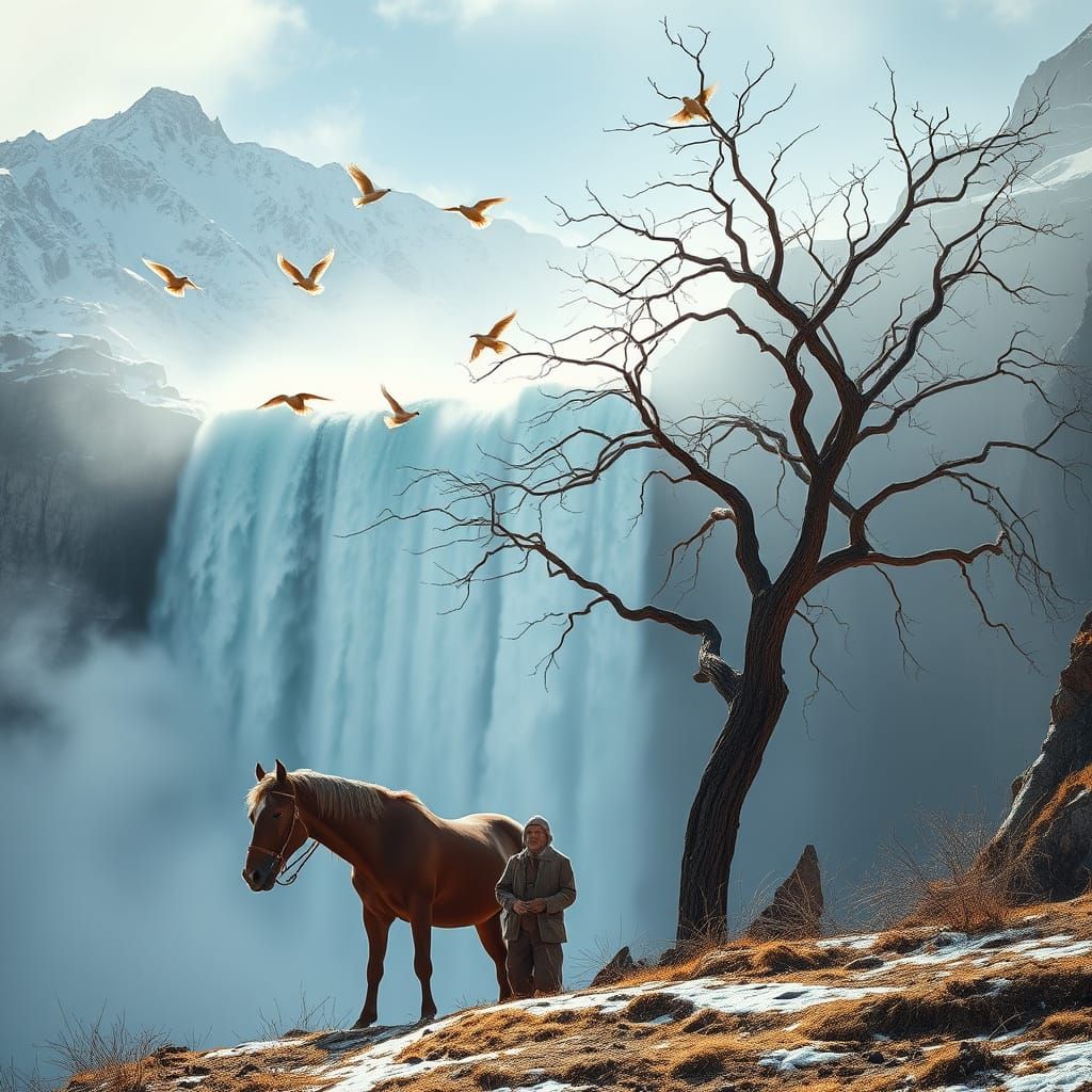 Ethereal Winter Waterfall Scene in Majestic Hues