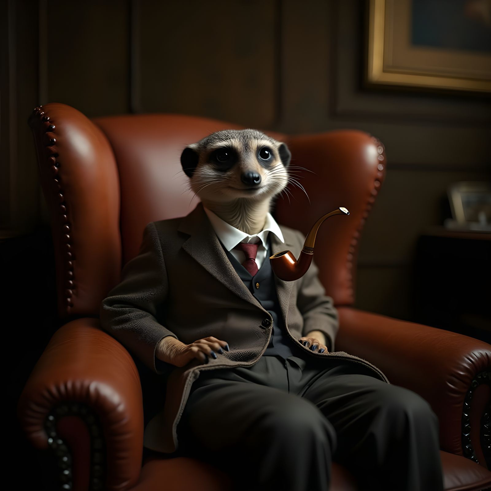 meerkat  smoking a pipe, sits  chair 🪑