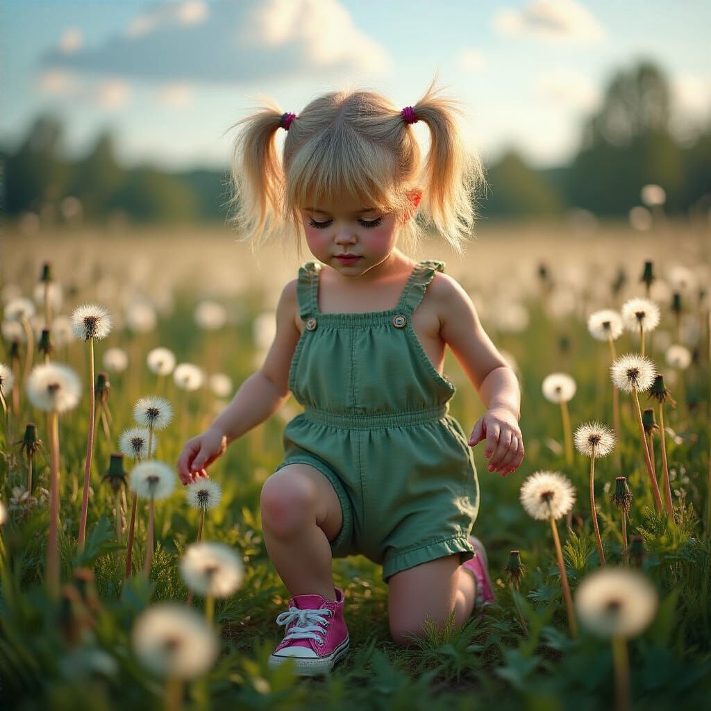 Girl in Dandelion Field: Hyperrealistic Lomography