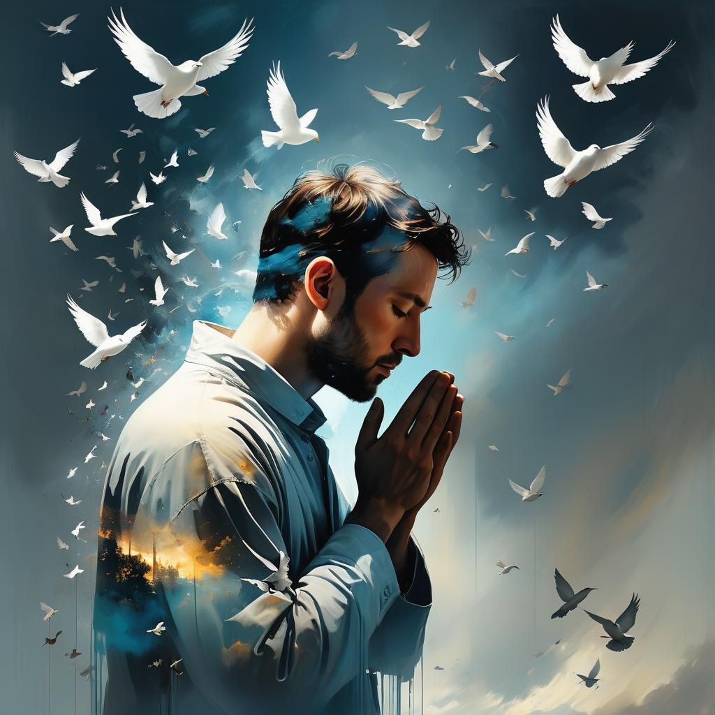 Silhouette of Praying Man with Doves, Double Exposure
