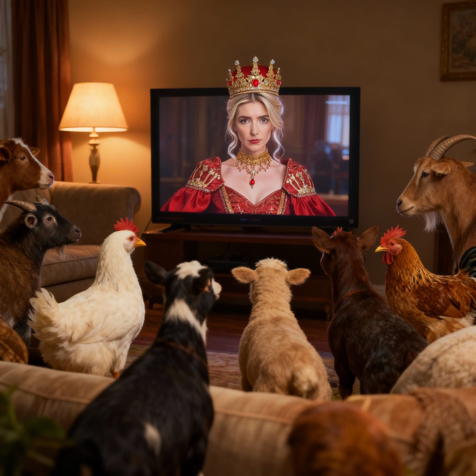 Farm Animals Gather to Watch TV in Cozy Room