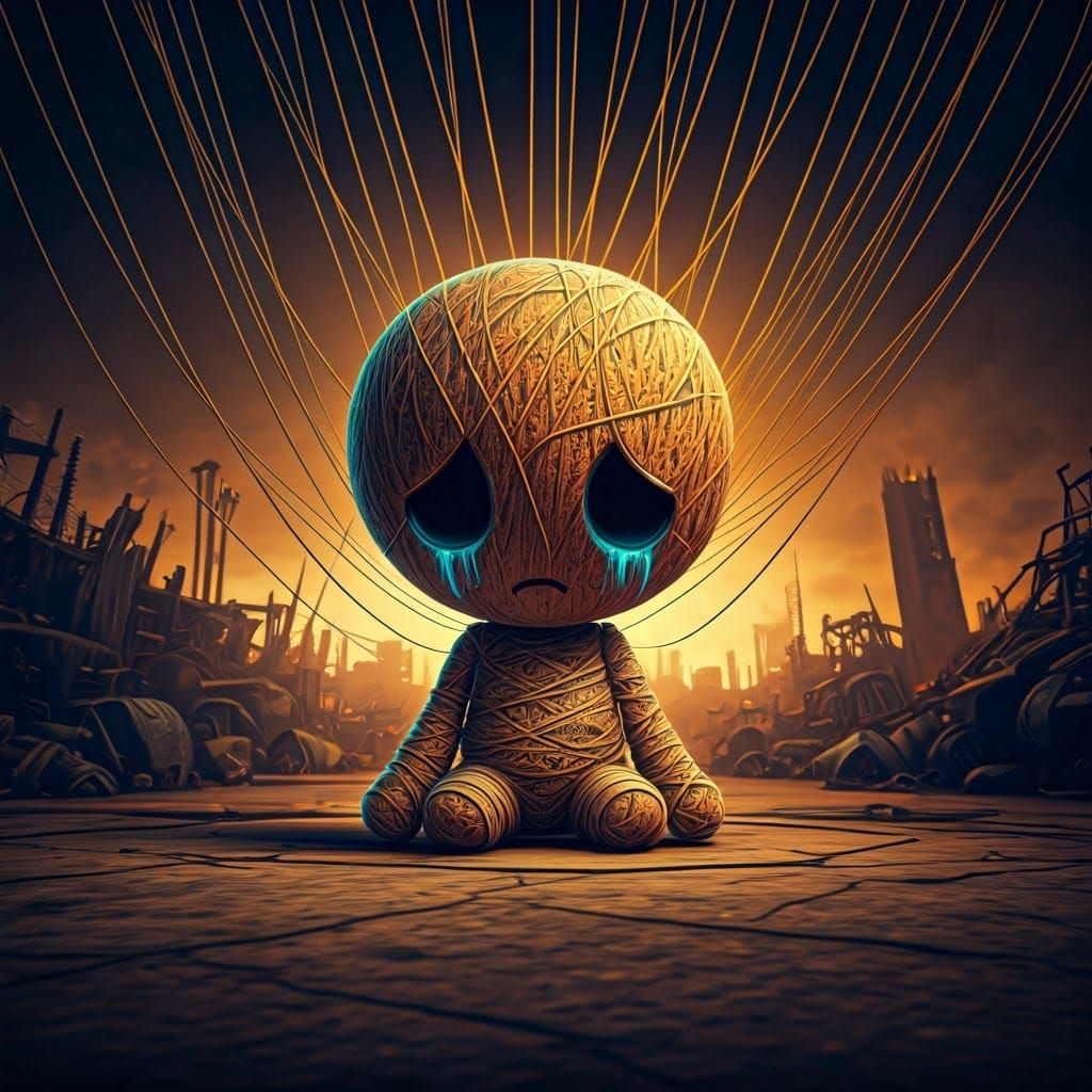 Sad Chibi String Puppet on Junkyard Stage