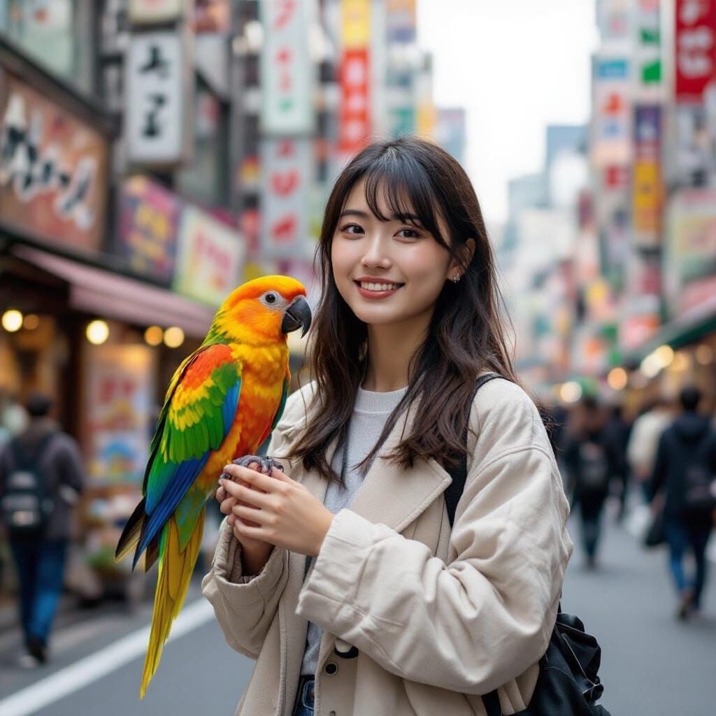 Young Woman with Parrot in Busy Tokyo Street