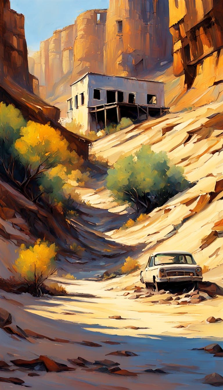 100-year-old derelict abandoned campsite under cliff overhang, no tents, no fire no life, tattered decaying remnants in ...