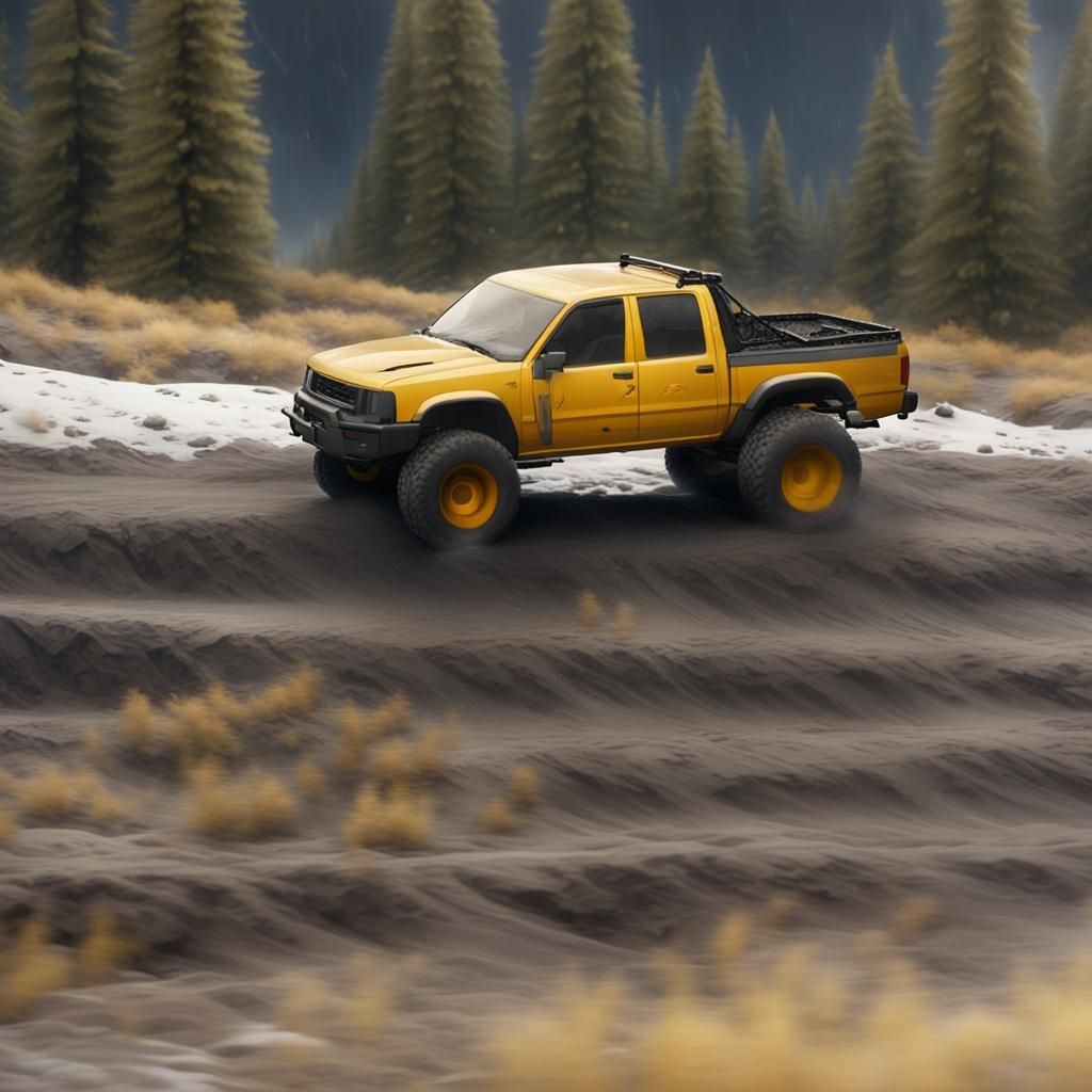 Yellow Pickup Truck in Snowy Mountain Pass