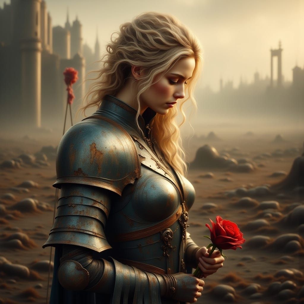 Blonde Warrior with Rose on Misty Battlefield