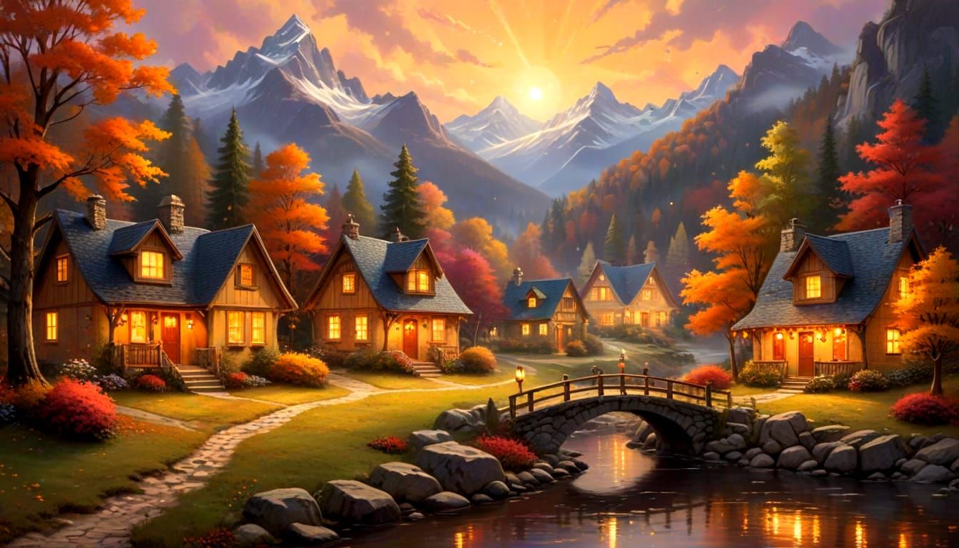 Autumn Mountain Village Under Starry Night Sky