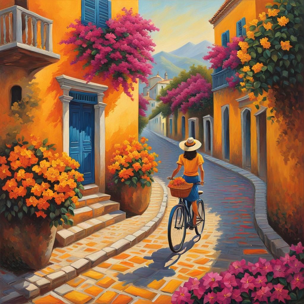 Girl on Bike in Colonial Street, Impasto Painting