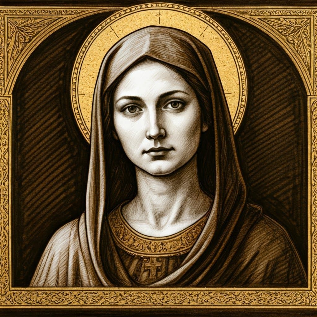 Medieval Saintly Portrait in Charcoal and Gold