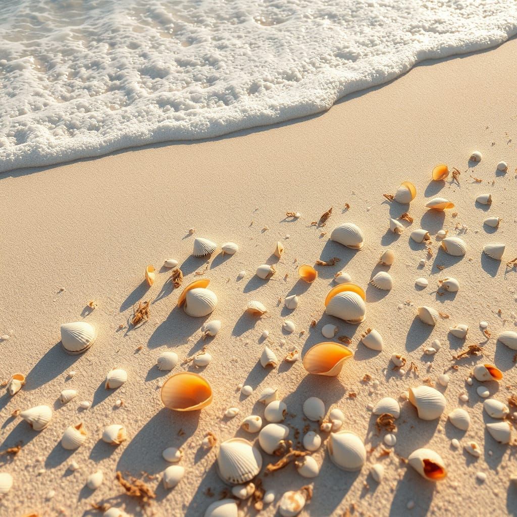 Golden Beach Scene with Seashells in Pristine White Sand
