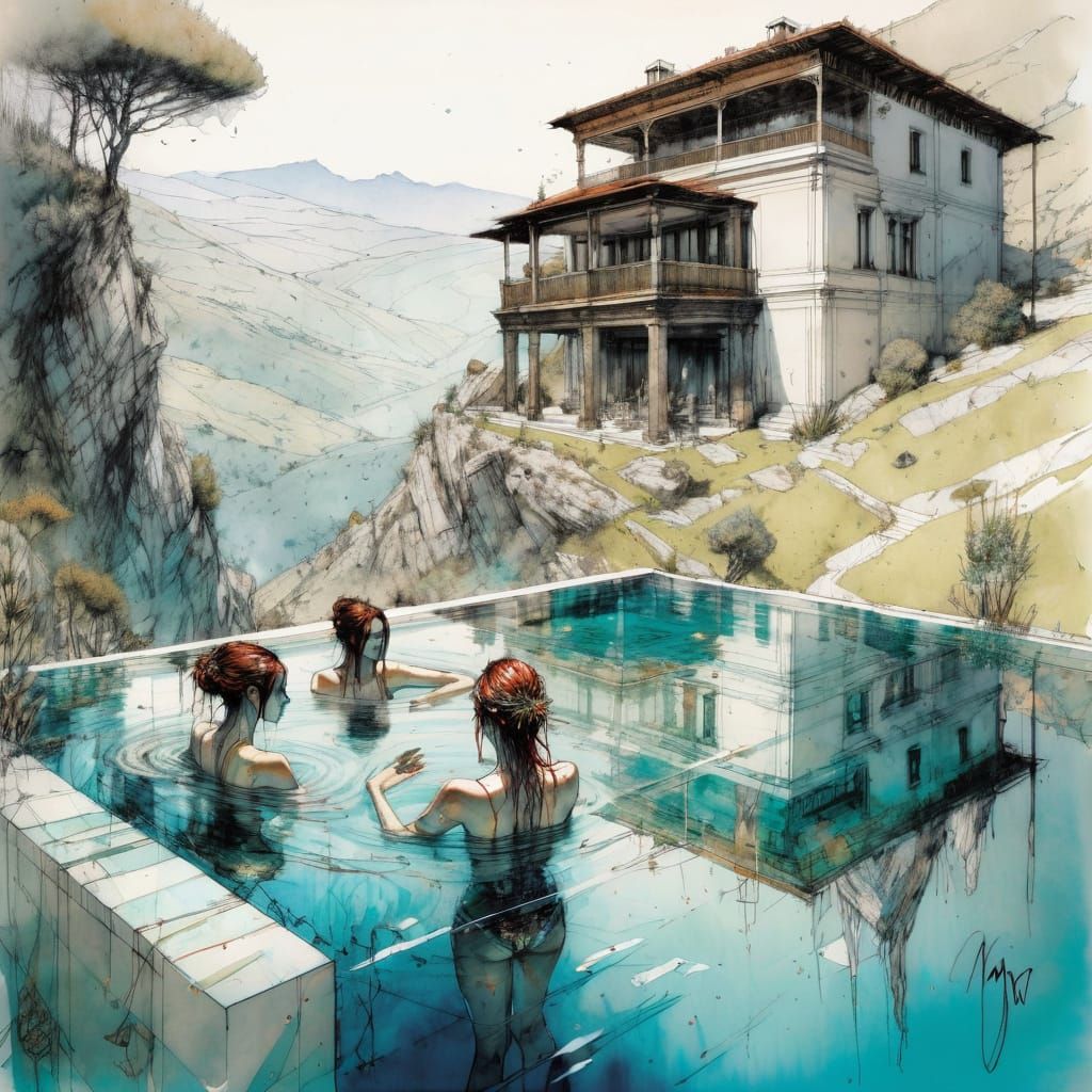 Youthful Figures Bask in Serene Mountain Infinity Pool