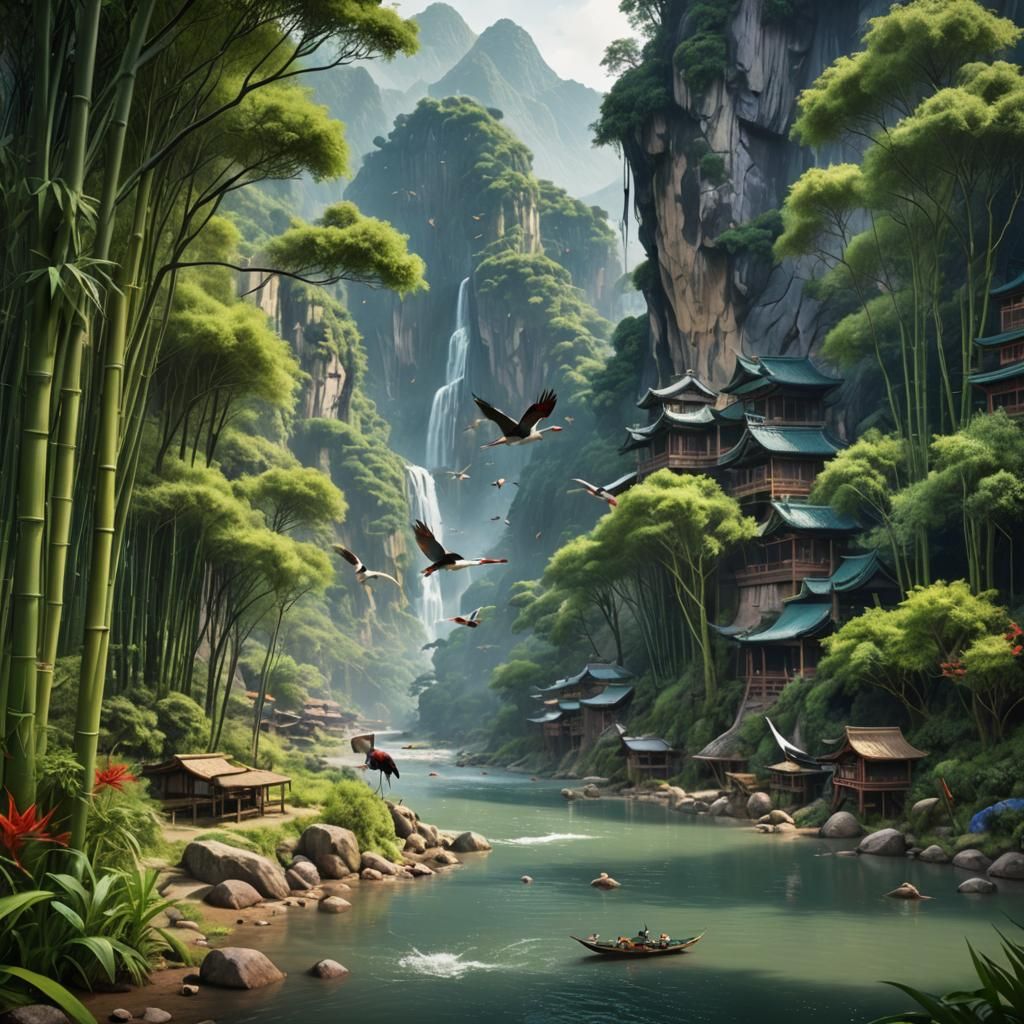 Crane Birds in Bamboo Forest Fishing Village Matte Painting