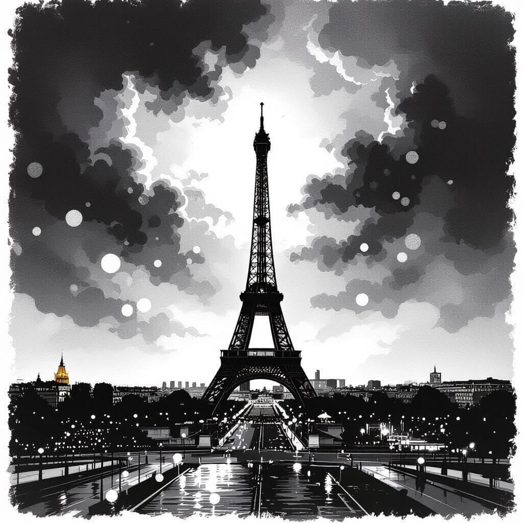 Dramatic Black and White Paris Skyline with Eiffel Tower