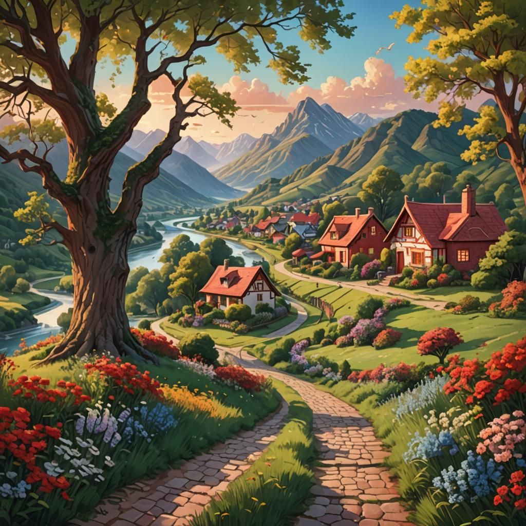 Hyperrealistic Riverside Village at Sunset