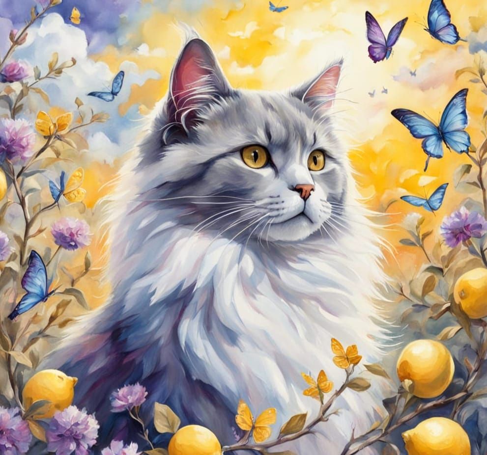 Cat in Garden with Butterflies, Watercolour Oil Painting