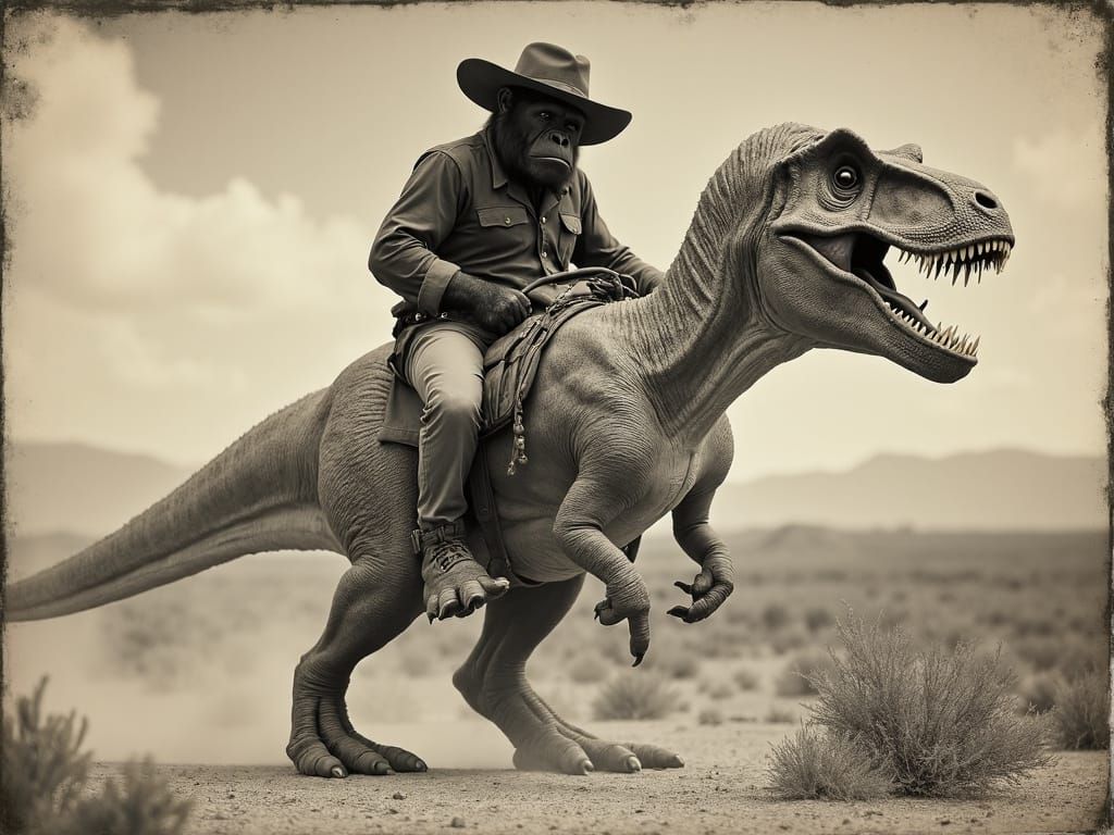 Cowboy Gorilla Rides T-Rex in Sepia Daguerreotype