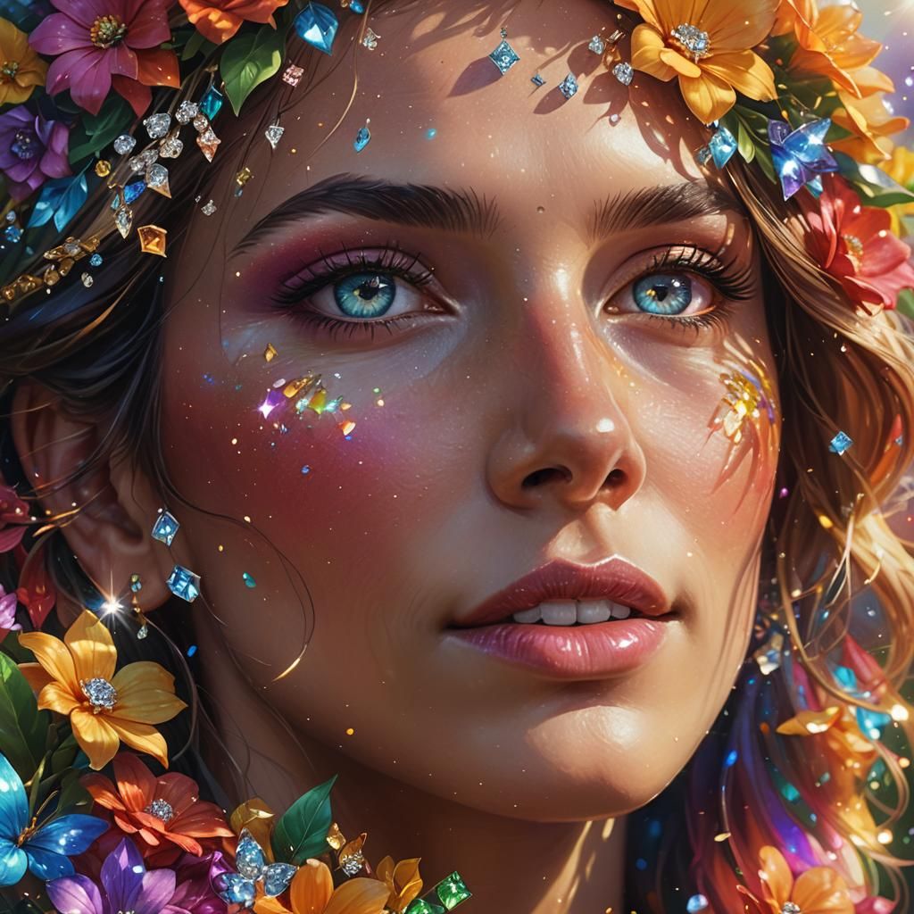Radiant Woman with Rainbow Flowers, Hyperrealistic Art