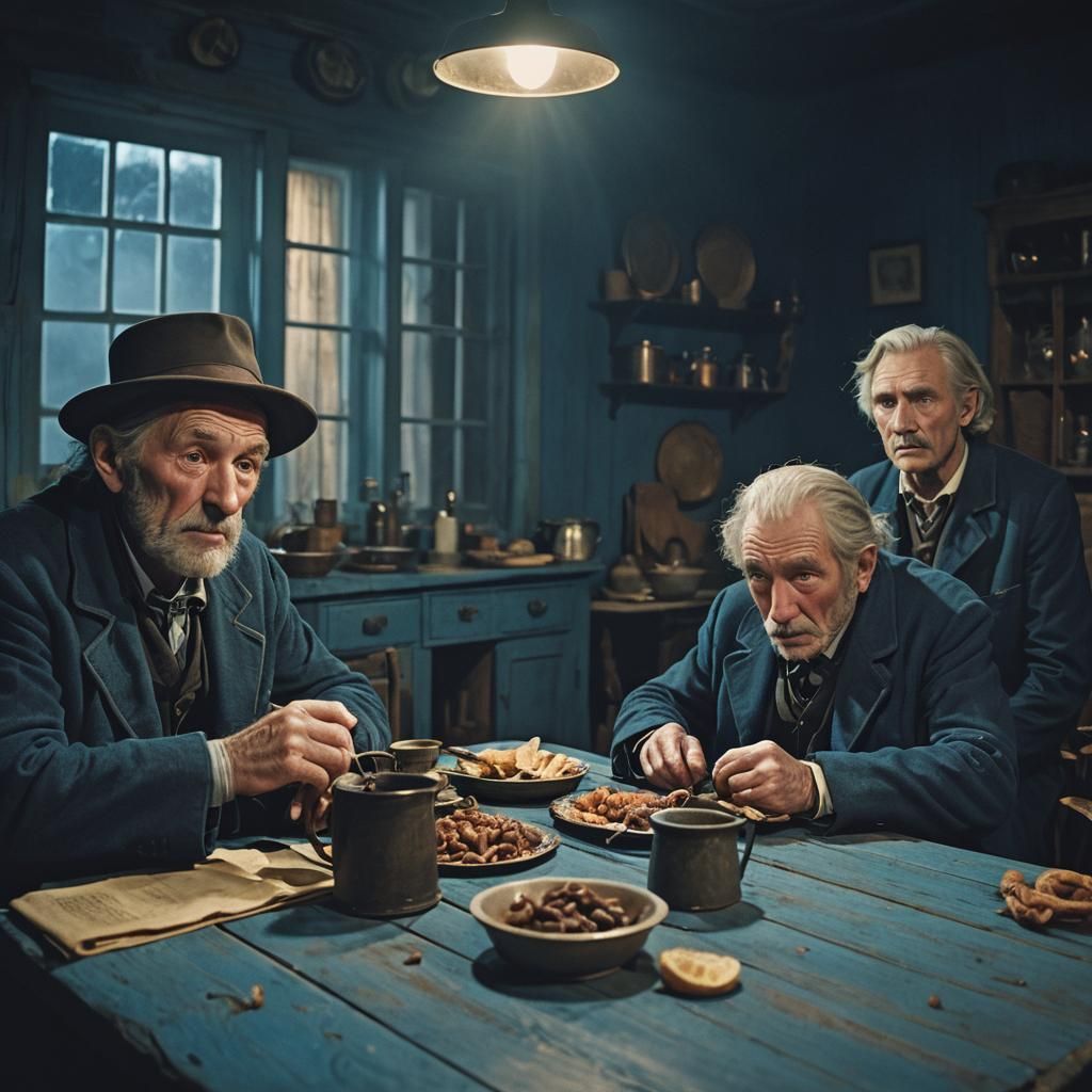 Eerie Kitchen Scene with Men and Worms