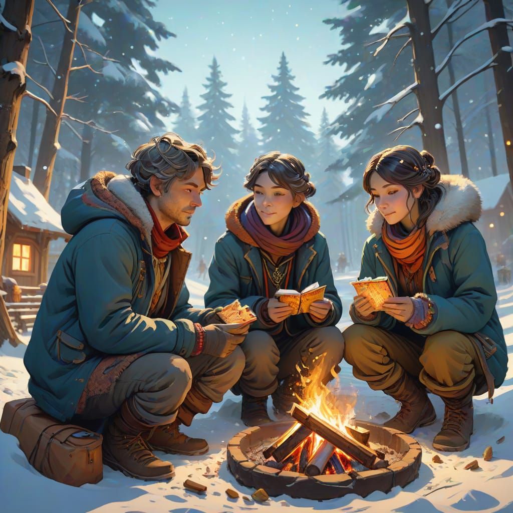 Winter Family S'mores Gathering in Whimsical Art Style