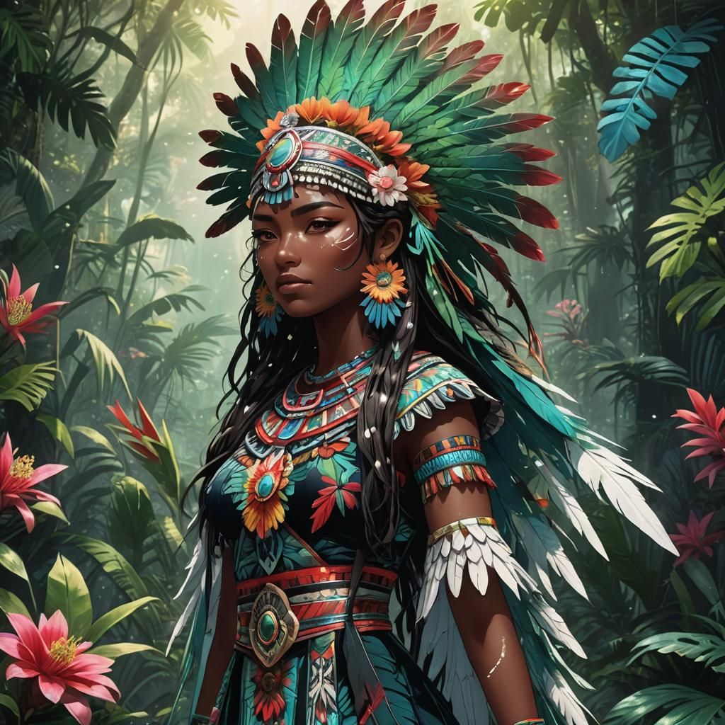 Aztec Girl in Mystical Jungle: Vibrant Anime Manga Art