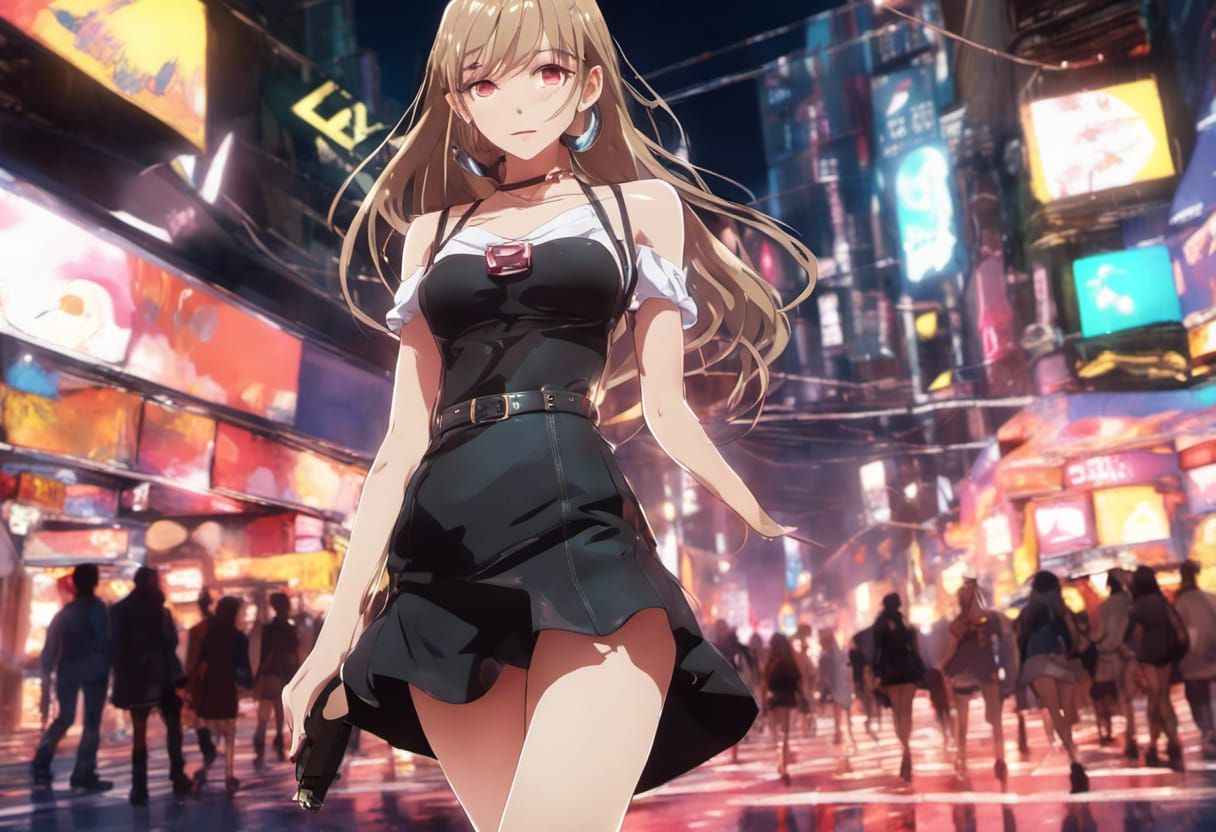Anime Girl Walking in Night Street Scene