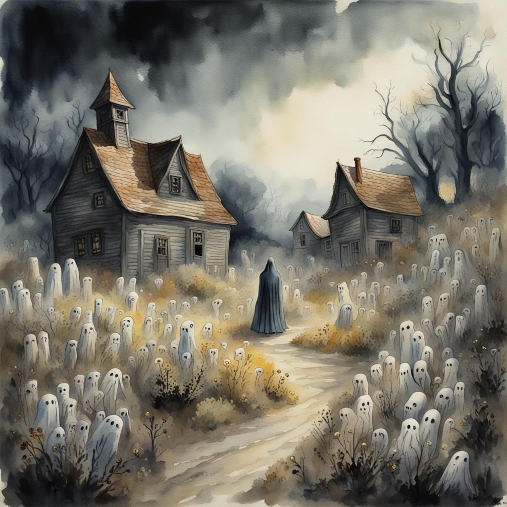 Haunted Village: Spooky Ghosts in Watercolor Style