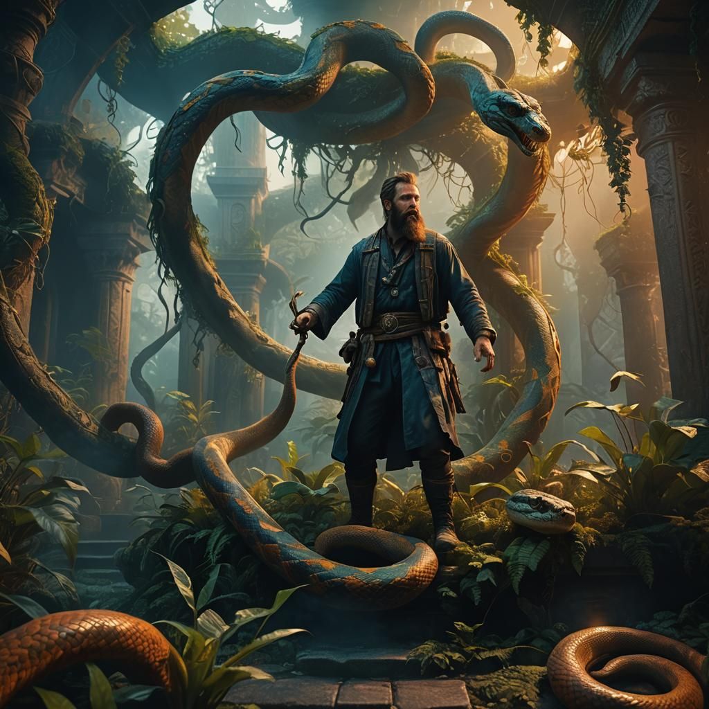 Bearded Man Recoils from Snake in Temple