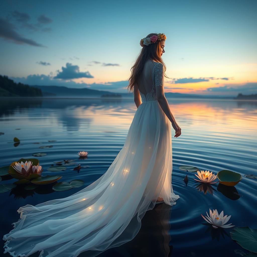 Ethereal Girl Walking on Water at Dusk