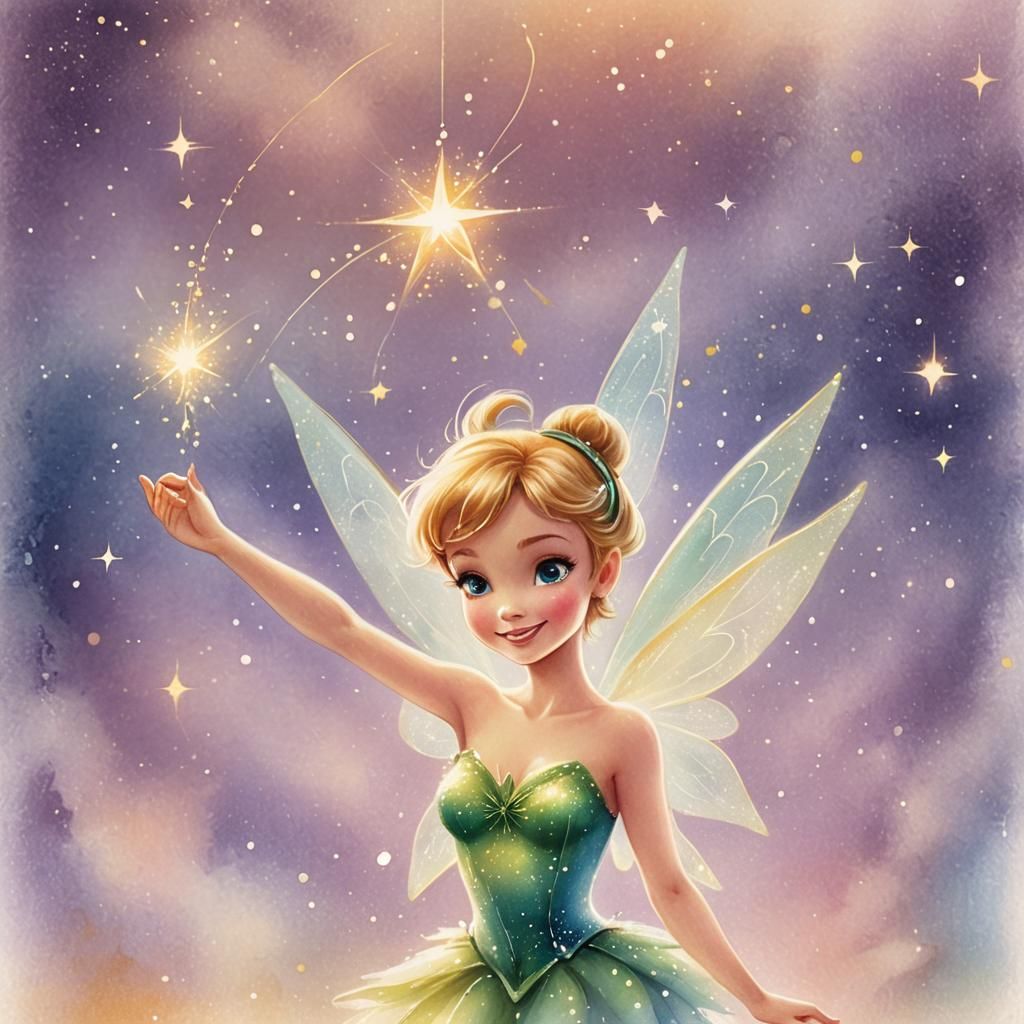 Tinker Bell on a Star in Watercolor Style