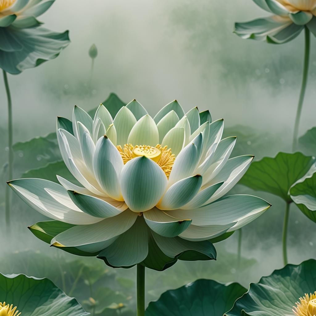 Lotus Flower in White and Green Fog, Digital Art