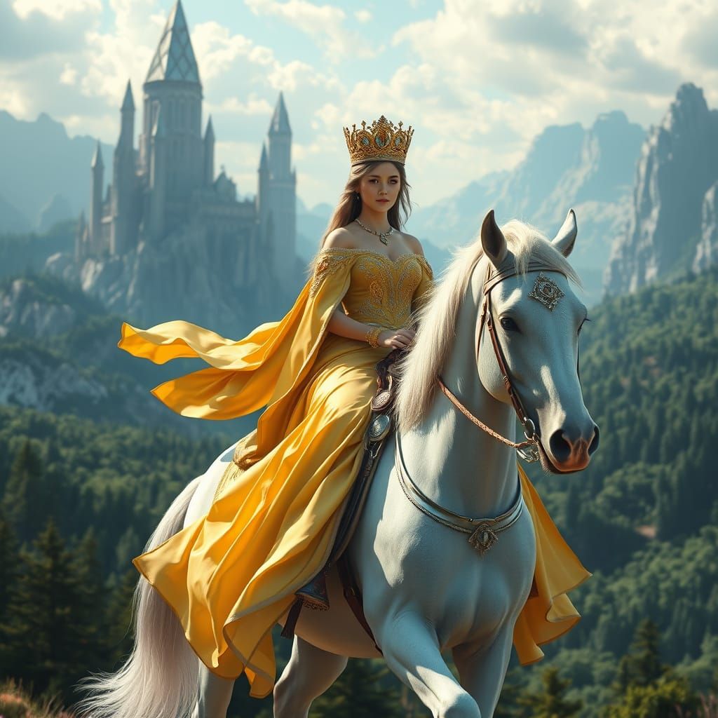 Regal Princess on Majestic White Horse in Fantastical Landsc...