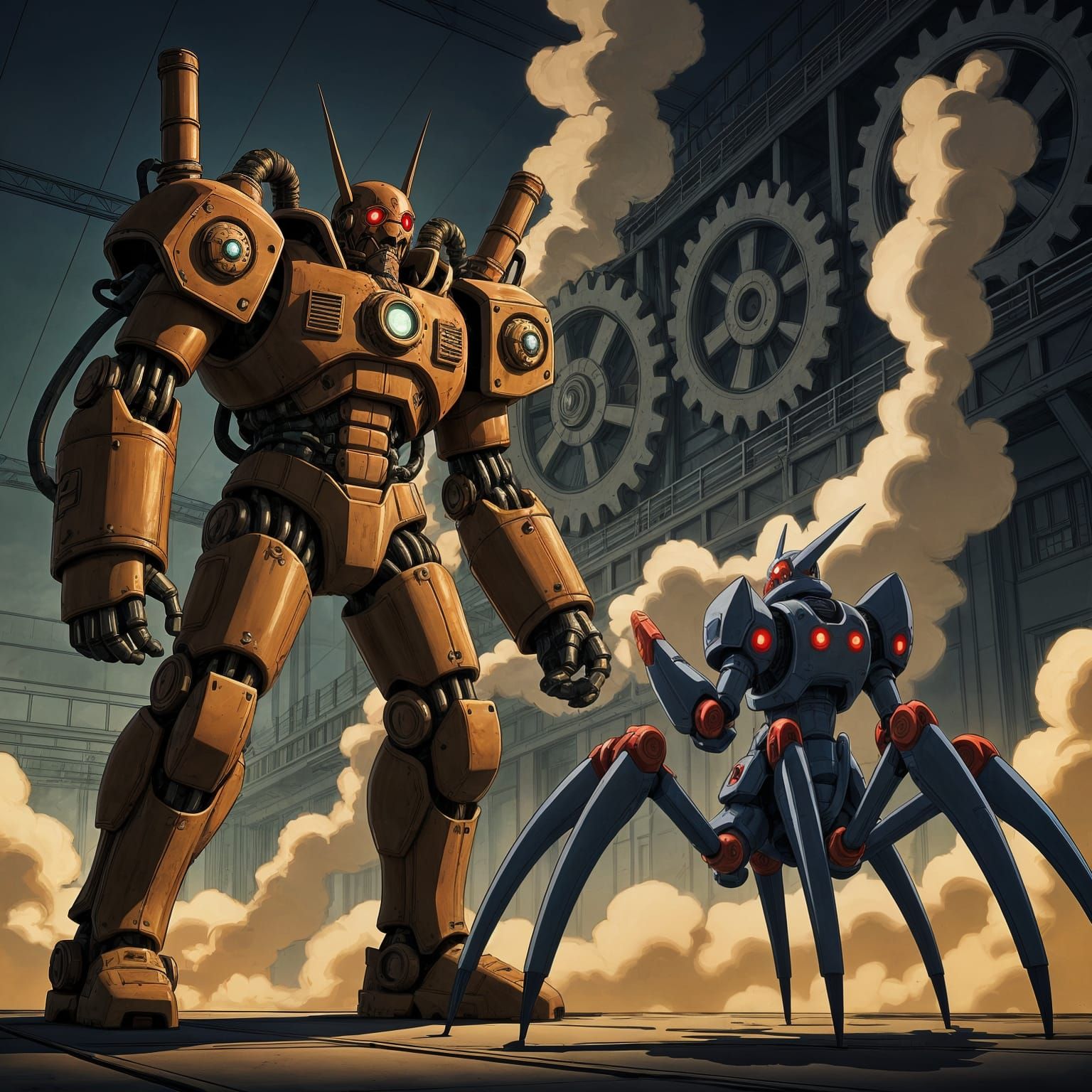 Anime Steampunk Mecha Battle: Gothic Robot vs Spider Bot
