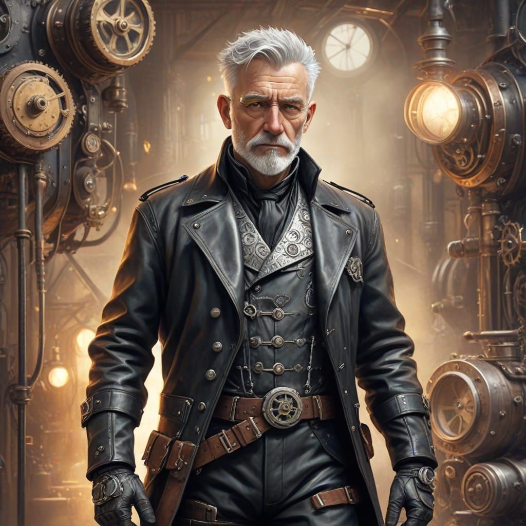 Steampunk Old Man in Leather, Watercolor Style