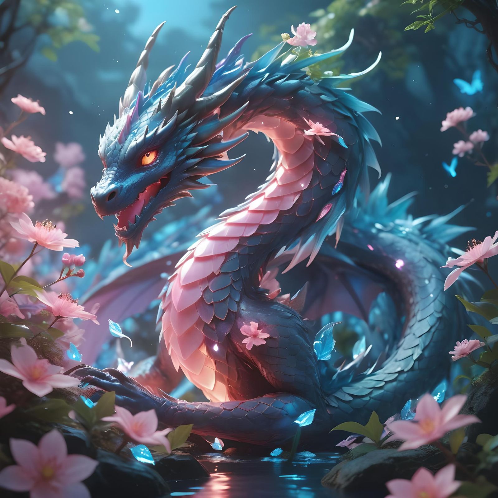 Ethereal Dragon in Bioluminescent Spring: 3D Anime Art