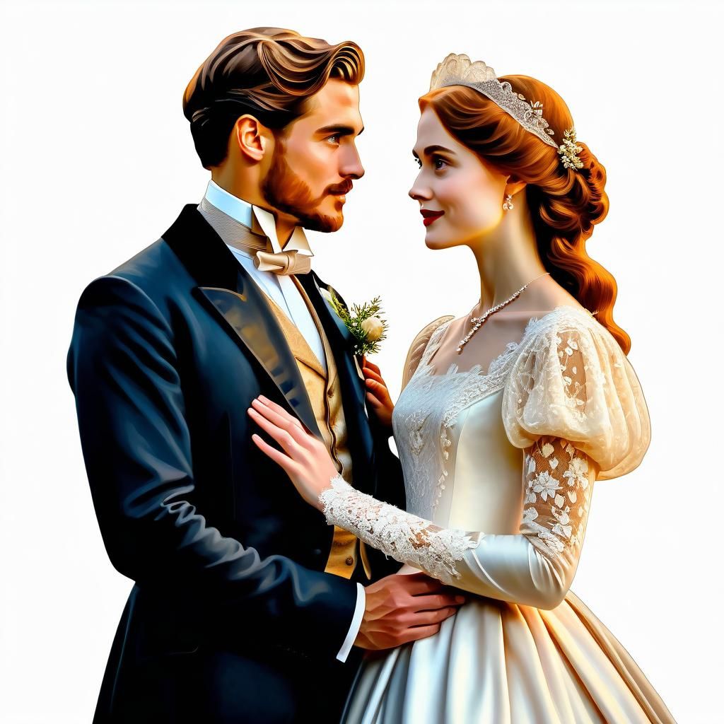 Romantic Couple in Vintage Attire: An Oil Painting