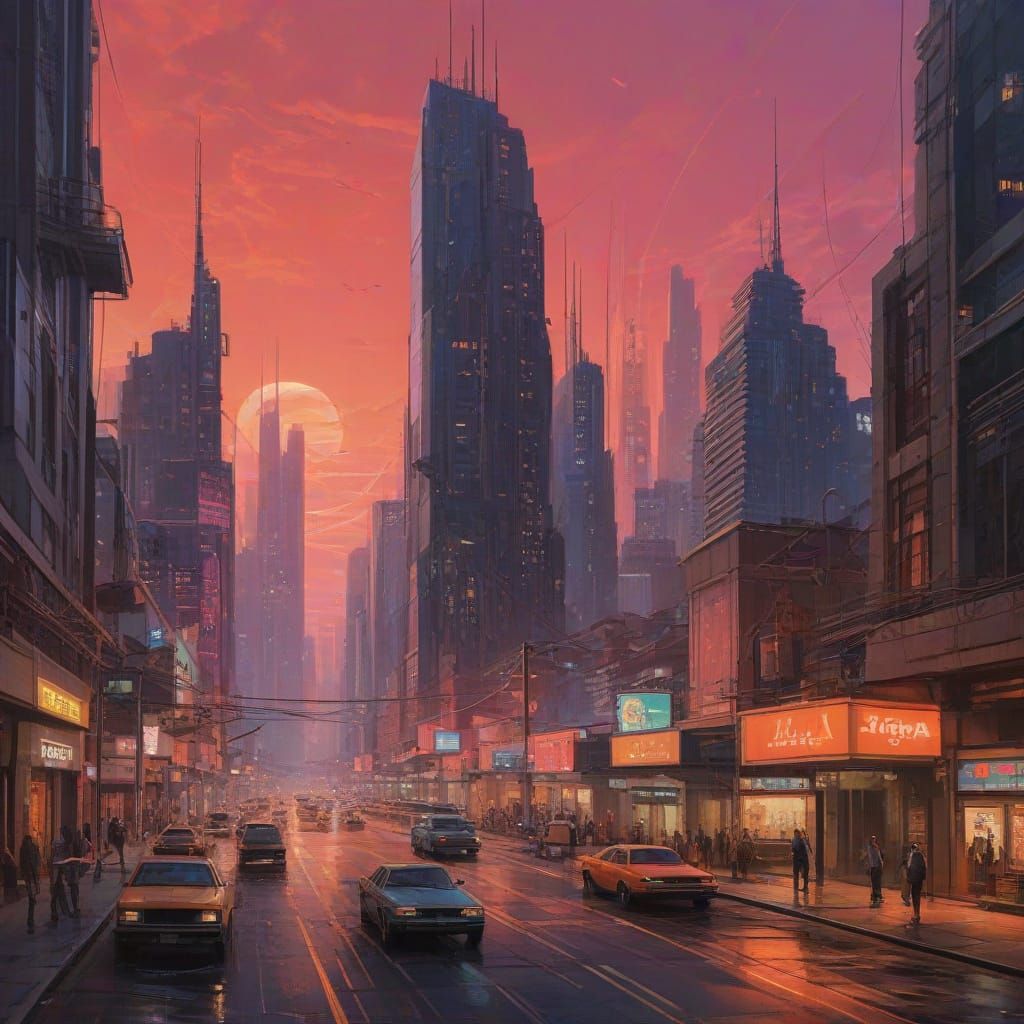 Futuristic Cityscape at Dusk in Vibrant Colors