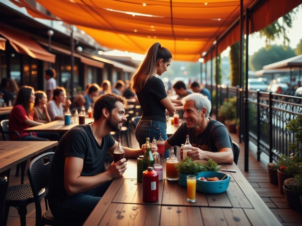 Hyperrealistic Waitress Serving Coke on Terrace