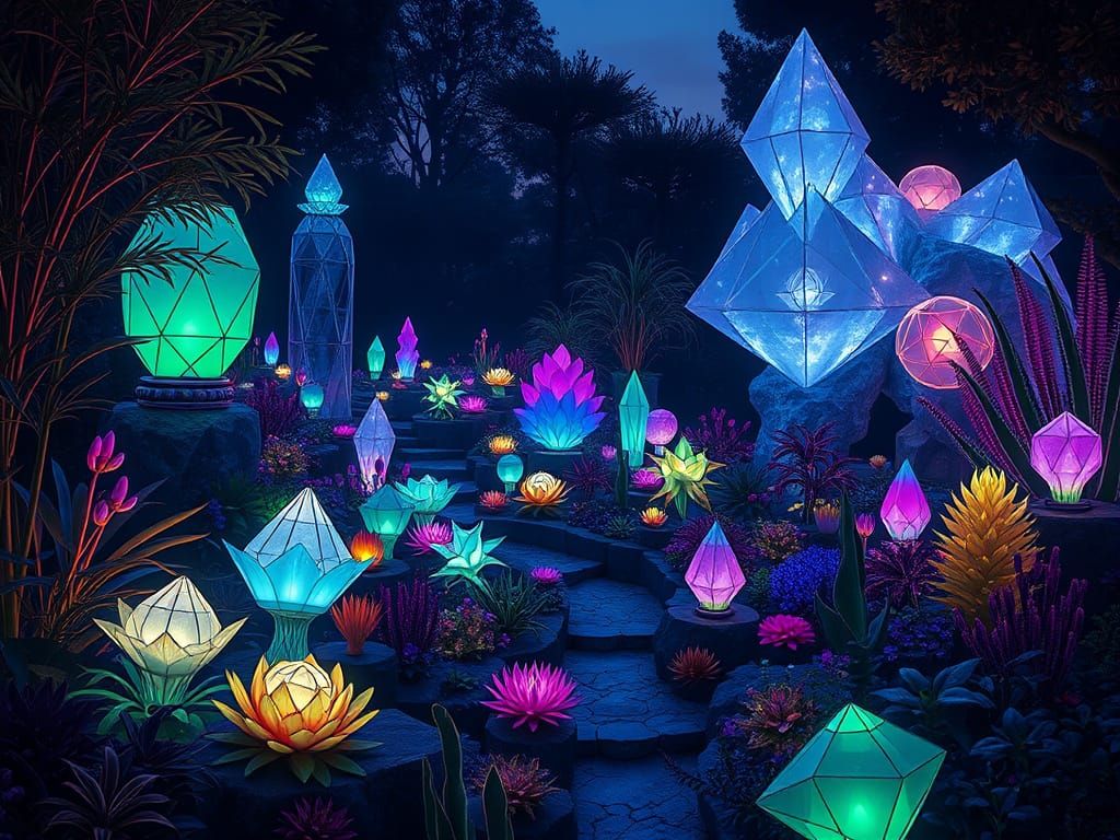 Bioluminescent Geometric Garden in Ethereal Twilight