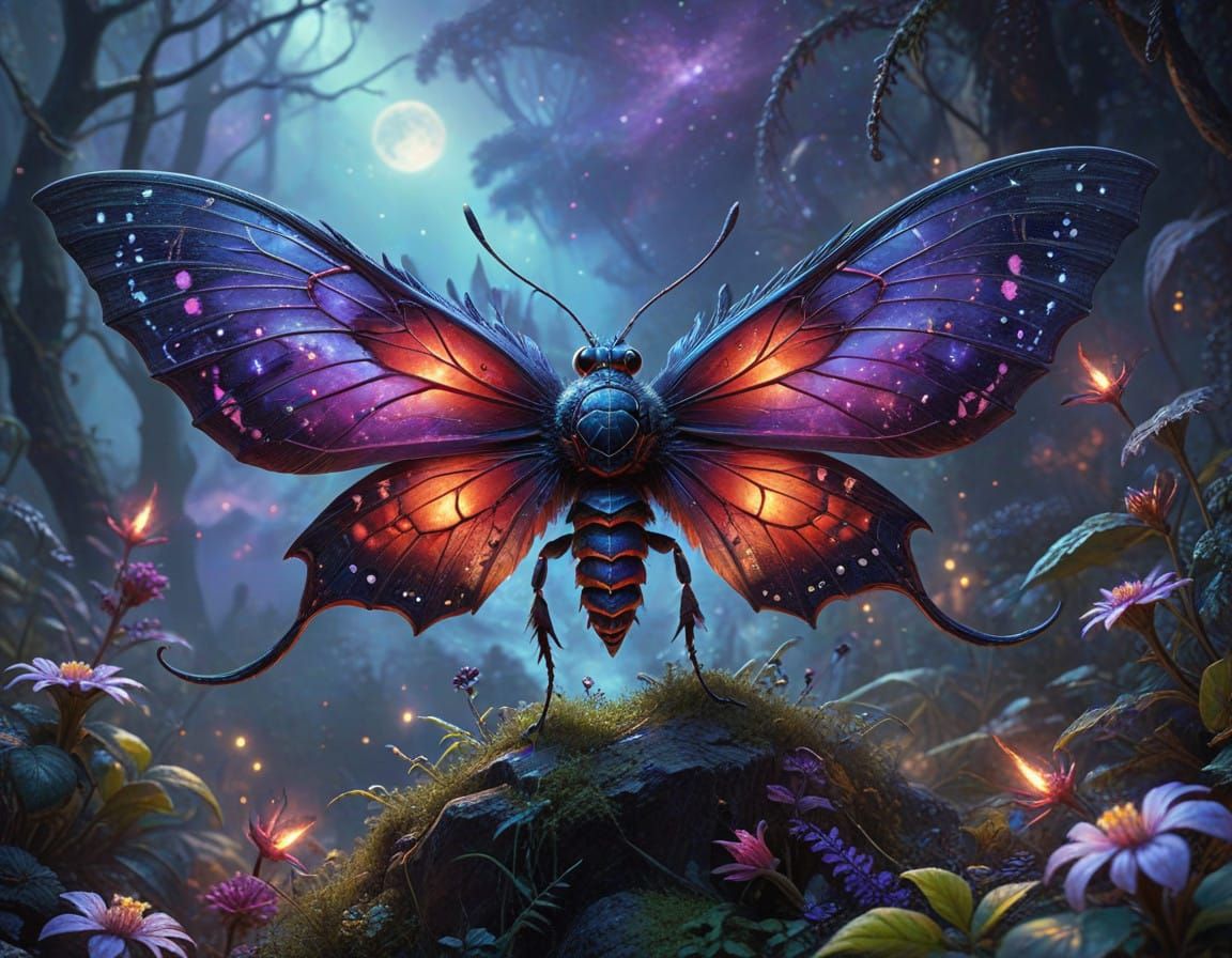 Glowing Crimson Scorpion Moth in Mysterious Cosmic Realm