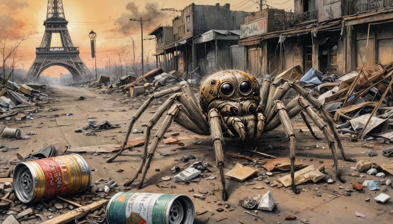Sad Spider in Junk Wasteland: Mixed Media Art