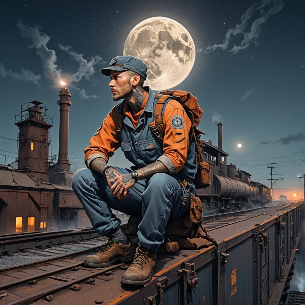 Man on Train Under Moonlight: Matte Painting