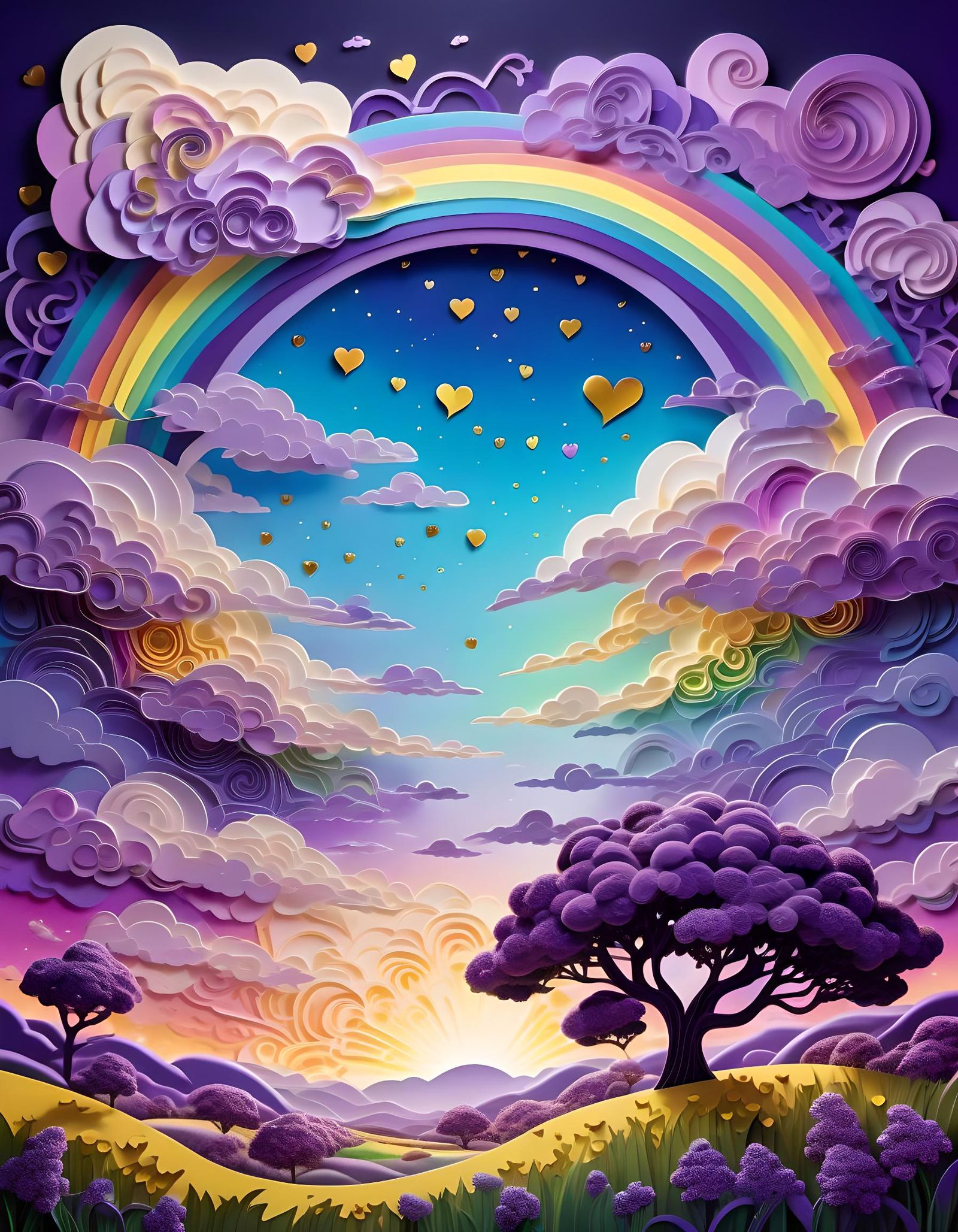 Mystical Purple and Gold Meadow in Kirigami Style