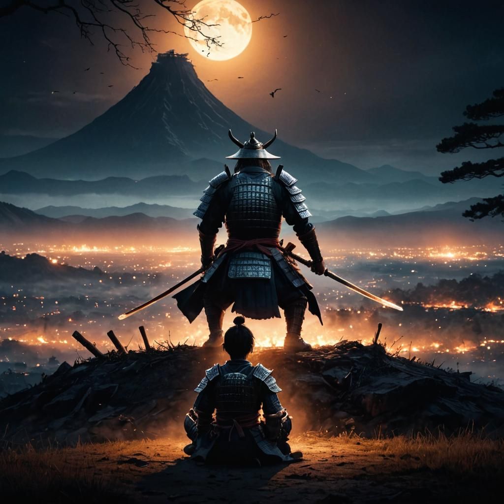 Night Battlefield Encounter: Boy and Samurai